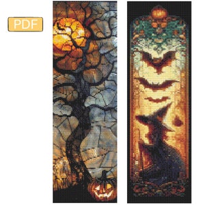 May include: Two vertical panels depicting a Halloween theme. The left panel shows a dark, gnarled tree with a glowing orange moon in the background. The right panel features a black cat wearing a witch's hat, a broom, and bats flying in the air. Both panels have a pumpkin at the bottom.