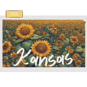 May include: A field of sunflowers with the word "Kansas" written in white cursive across the bottom of the image.