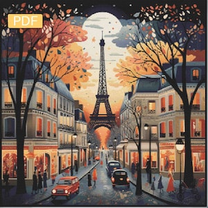 May include: A painting depicting the Eiffel Tower in Paris, France, at night. The tower is lit up with warm yellow lights. The street leading to the tower is lined with buildings and trees. The sky is dark blue with a full moon. The painting is in a stylised, cartoonish style.