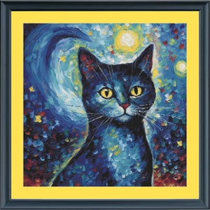 Van Gogh inspired &#39;Starry Night Cat&#39; digital download cross stitch pattern