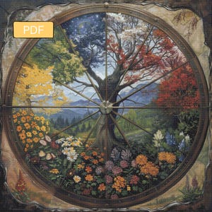 Puede incluir: Una pintura detallada que representa un árbol en el centro, rodeado por una rueda dividida en secciones que representan las cuatro estaciones. Los radios de la rueda enmarcan escenas de flores de primavera, follaje de verano, colores de otoño y un cielo nocturno de invierno. La imagen incluye una etiqueta "PDF".