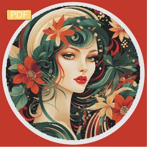 May include: A digital painting of a woman with long, flowing green and red hair. She is surrounded by red and orange flowers. The background is a dark green and black.