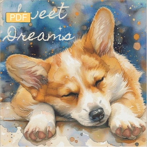 Puede incluir: Una pintura de acuarela de un cachorro corgi durmiendo con el texto "Sweet Dreams" en letras blancas cursivas sobre un fondo azul con estrellas blancas.