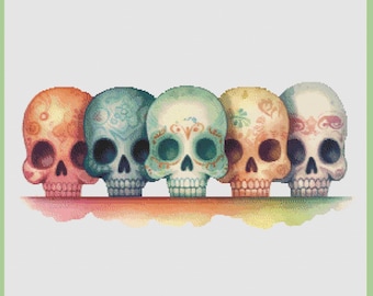 Watercolor Skulls Cross Stitch Digital Downloadable Pattern