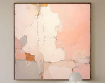 May include: Large abstract painting with a textured surface in shades of pink, peach, and gray. The artwork is framed and hangs above a black cabinet with a white lamp and a black bowl.