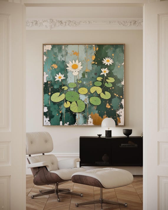 Water Lilies Teal Blue Green Abstract Landscape Art Print: Modern Wall Décor