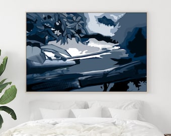 Blauwe abstracte kunstdruk: blauw, grijs, marineblauw