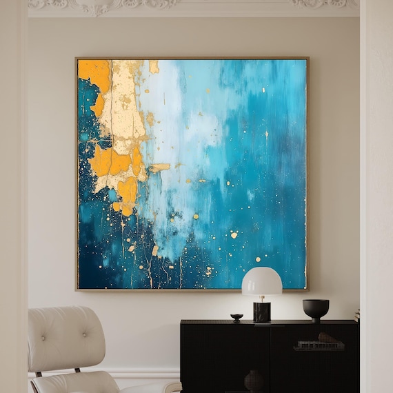 Blue, Teal, Yellow Abstract Art Print: Modern Wall Décor