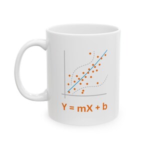 May include: White ceramic mug featuring a graph with orange dots, a blue line, and the equation Y = mX + b in orange. The mug has a curved handle and is suitable for hot or cold beverages.