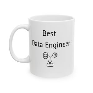 May include: White ceramic mug with the text "Best Data Engineer" in black. Below the text are black line art graphics of a database, a gear, and a person. The mug has a curved handle.