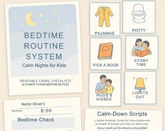 May include: A printable bedtime routine chart for moms and kids. The chart includes a bedtime routine system with calm nights for kids, printable cards, checklists, and charts to end bedtime battles. The chart includes a bedtime check list and calm-down scripts.