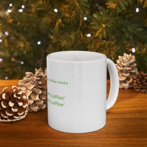 May include: White ceramic mug with green text that reads "My coffee intake is directly proportional to how much coffee I've already had".
