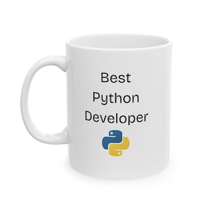 May include: White ceramic mug with black text that reads "Best Python Developer" and a yellow and blue Python logo.