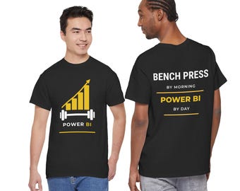 Koszulka Power BI, wyciskanie na ławce rano, Power BI w dzień, zabawny prezent dla analityka danych, koszulka dla programisty Power BI, koszulka dla maniaka danych z siłowni