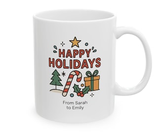 Personalized Happy Holidays Coffee Mug, Custom Christmas Gift