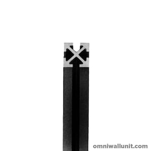 May include: Close-up of a black aluminum profile with a silver cross-shaped connector. The profile is used for building furniture and other structures.