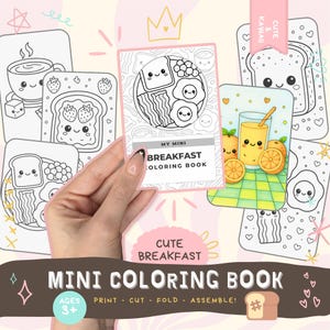 May include: A mini coloring book titled "Breakfast" is held in front of other breakfast-themed coloring pages. The cover shows a plate of breakfast foods with smiling faces. The words "Cute Breakfast" and "Mini Coloring Book" are also visible.