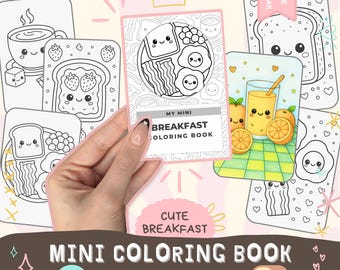 Kawaii Breakfast Mini Coloring Book - Print and assemble book kit bold simple coloring pages Cute foods cozy color printable 8.5x11, A4