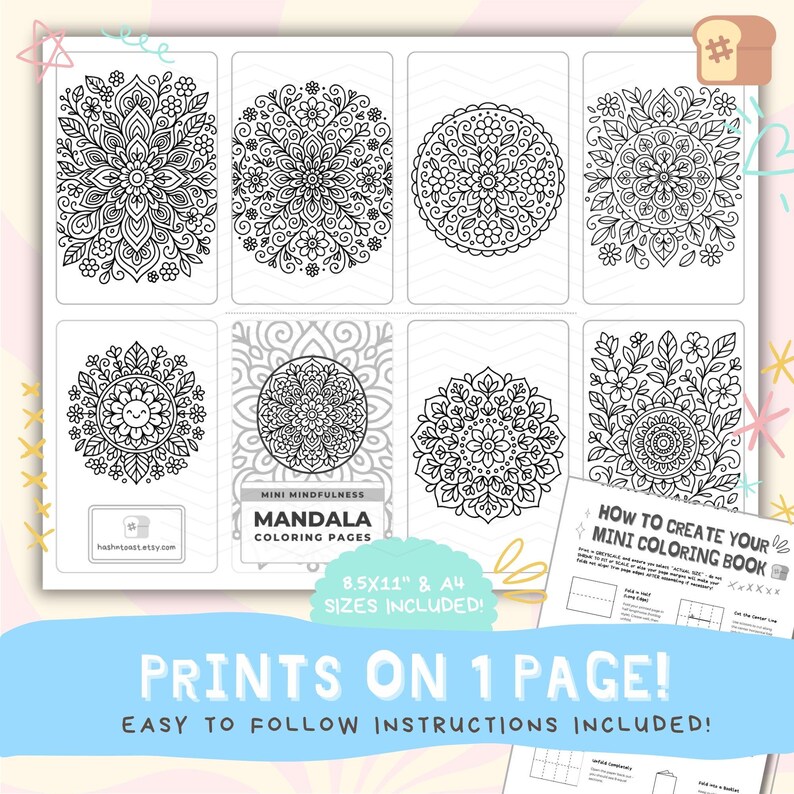 May include: A set of eight black and white mandala coloring pages with intricate floral and geometric designs. The text "MINI MINDFULNESS MANDALA COLORING PAGES" is visible. Includes 8.5x11" and A4 sizes. The text "PRINTS ON 1 PAGE! EASY TO FOLLOW INSTRUCTIONS INCLUDED!" is also visible.
