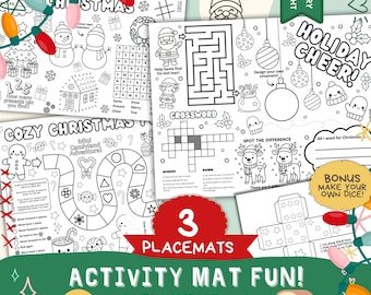 Christmas Activity Mat Bundle - 3 coloring placemats bold easy Holiday coloring cozy color kids activity sheets 8.5x11 A4