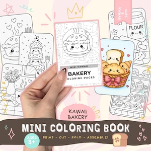 May include: A mini coloring book with the title "Kawaii Bakery" featuring cute bakery-themed illustrations. The cover shows a smiling pie. The book includes the text "Print - Cut - Fold - Assemble!" and is for ages 3+.