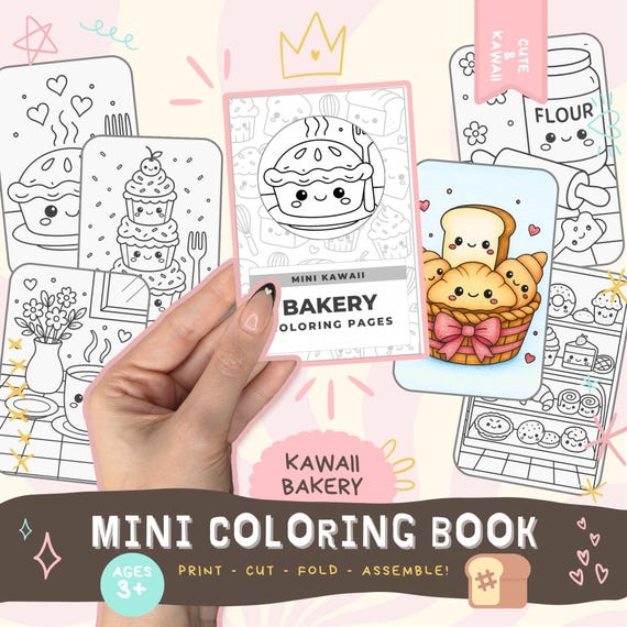 Kawaii Bakery Mini Coloring Book - Print and assemble book kit bold simple coloring pages Cute foods cozy color printable 8.5x11, A4