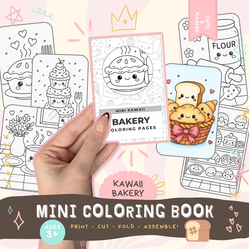 May include: A mini coloring book with the title "Kawaii Bakery" featuring cute bakery-themed illustrations. The cover shows a smiling pie. The book includes the text "Print - Cut - Fold - Assemble!" and is for ages 3+.