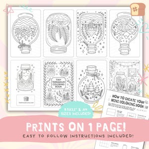Puede incluir: Una p&aacute;gina de libro para colorear en blanco y negro con ocho dise&ntilde;os de terrarios en frascos de vidrio. El texto "TINY TERRARIUM COLORING BOOK" es visible, junto con instrucciones para crear un mini libro para colorear. La p&aacute;gina incluye tama&ntilde;os de 8.5x11" y A4.