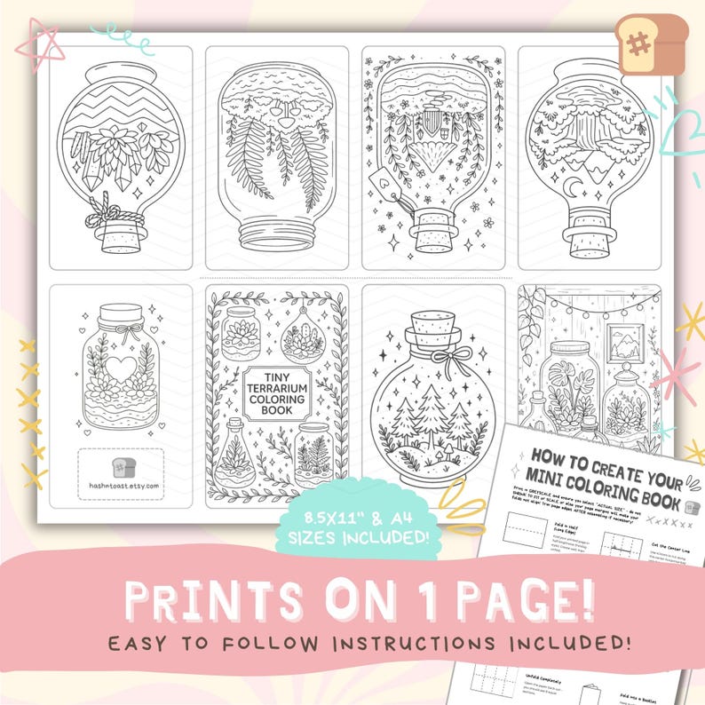 Puede incluir: Una p&aacute;gina de libro para colorear en blanco y negro con ocho dise&ntilde;os de terrarios en frascos de vidrio. El texto "TINY TERRARIUM COLORING BOOK" es visible, junto con instrucciones para crear un mini libro para colorear. La p&aacute;gina incluye tama&ntilde;os de 8.5x11" y A4.