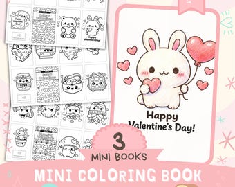 Kawaii Valentines 3 Mini Coloring Books - 24 images to color - printable book bundle bold simple kids rainy day activity 8.5x11, A4