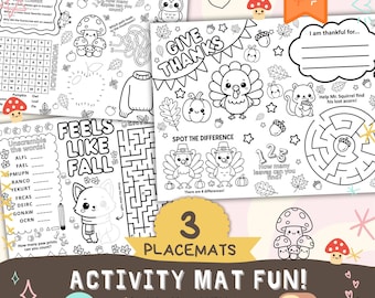 Fall Activity Mat Bundle - Kawaii Autumn Printable bold easy Thanksgiving coloring cozy color kids activity sheets 8.5x11 A4