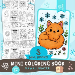 Kawaii Winter 3 Mini Coloring Books - Printable book bold and easy coloring pages Cute winter cozy color kids activity printable 8.5x11, A4