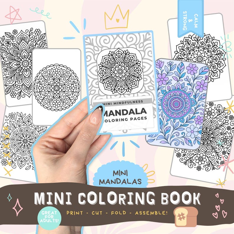 May include: A collection of mini mandala coloring pages. The cover of the coloring book is held by a hand and features the text "MINI MINDFULNESS MANDALA COLORING PAGES". The pages have intricate floral and geometric designs, with the words "MINI COLORING BOOK" at the bottom.