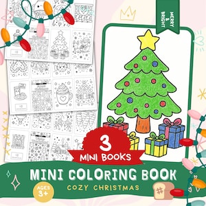 May include: A set of three mini coloring books with a Cozy Christmas theme. The cover features a green Christmas tree with ornaments and gifts. The books are labeled "Mini Coloring Book" and "Ages 3+".