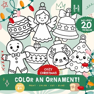 Może przedstawiać: Kolekcja czarno-białych wzorów ozdób świątecznych, w tym dzwonek, anioł i piernikowy ludzik. Wyświetlany jest tekst "COLOR AN ORNAMENT!", wraz z "COZY CHRISTMAS" i "INCLUDES 20 DESIGNS!"