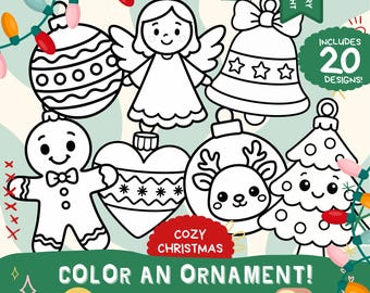 Christmas Ornament Coloring Craft - Holiday festive color your own decoration cozy kids activity stocking stuffer printable 8.5x11 A4