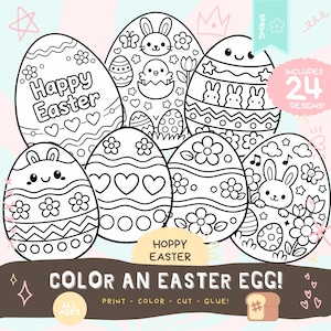 May include: Black and white line art of Easter eggs with various designs, including bunnies, flowers, and hearts. The text "Happy Easter" and "Color an Easter Egg!" are also present. Includes 24 designs.