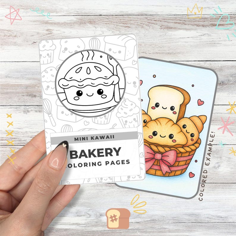 May include: Two Mini Kawaii Bakery Coloring Pages. One card features a pie illustration, the other shows a basket of baked goods. The text "COLORED EXAMPLE!" is visible on the second card. The first card reads "MINI KAWAI BAKERY COLORING PAGES".