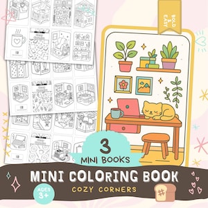 Cozy Corners 3 Mini Coloring Books - 24 images to color - printable book bundle bold simple kids rainy day activity 8.5x11, A4