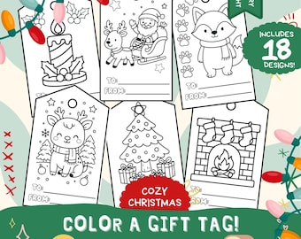 Christmas Coloring Gift Tag Craft - Holiday festive color your own tags cozy kids activity stocking stuffer printable 8.5x11