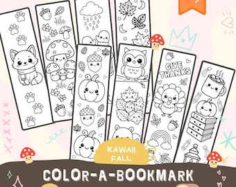 Thanksgiving Bookmark Color Page - Kawaii Fall Printable bold easy coloring pages Cute Autumn cozy color kids activity printable 8.5x11 A4