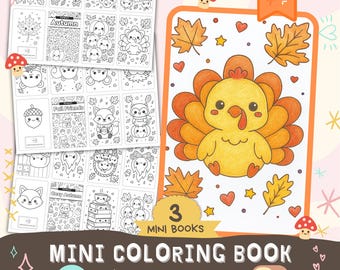 Kawaii Autumn 3 Mini Coloring Books - 24 images to color - printable book bundle Cute fall cozy color bold simple kids activity 8.5x11, A4
