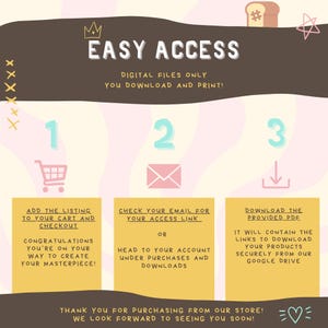May include: A graphic with instructions for digital file access. The text reads "EASY ACCESS" and "DIGITAL FILES ONLY, YOU DOWNLOAD AND PRINT!" Steps include adding to cart, checking email, and downloading a PDF. The image has a pink shopping cart, an envelope, and a download icon.