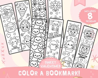 Valentine Bookmark Color Page - Printable page bold easy coloring pages cute Valentines cozy kids activity  8.5x11 A4