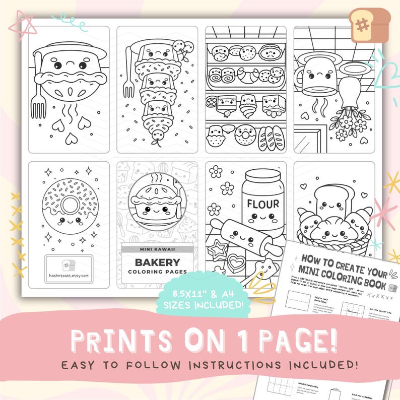 May include: Black and white line art coloring pages featuring bakery-themed illustrations. Includes images of donuts, bread, pastries, and a flour container. The text says "MINI KAWAII BAKERY COLORING PAGES" and "PRINTS ON 1 PAGE!"