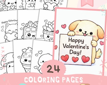 Kawaii Valentines Coloring Pages | 24 Printable Valentine Activities for Kids & Classroom | Cozy Coloring Bold easy - PDF 8.5x11