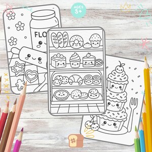 May include: Three coloring pages with a bakery theme. One page features a jar of flour, rolling pin, and cookie cutters. Another shows a bakery display case with pastries. The third page has a cupcake tower. The text "AGES 3+" is visible.