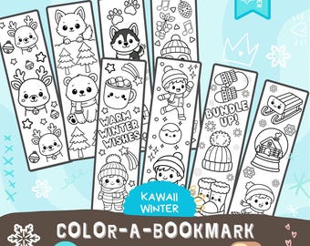 Kawaii Winter Bookmark Color Page - Printable bold easy coloring pages Snow Season cozy color kids activity stocking 8.5x11 A4