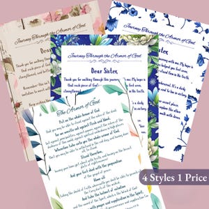 Puede incluir: Cuatro impresiones artísticas inspiradoras con bordes florales. Cada impresión presenta el texto "Journey Through the Armor of God" y un mensaje relacionado. Las impresiones son en tonos de azul, rosa y blanco, con el texto en una fuente clásica. La esquina inferior derecha dice "4 Styles 1 Price".