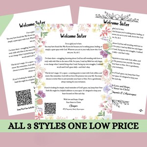May include: Three printed pages with floral accents and the text "Welcome Sister." The pages contain inspirational text and QR codes. The phrase "All 3 Styles One Low Price" is at the bottom.
